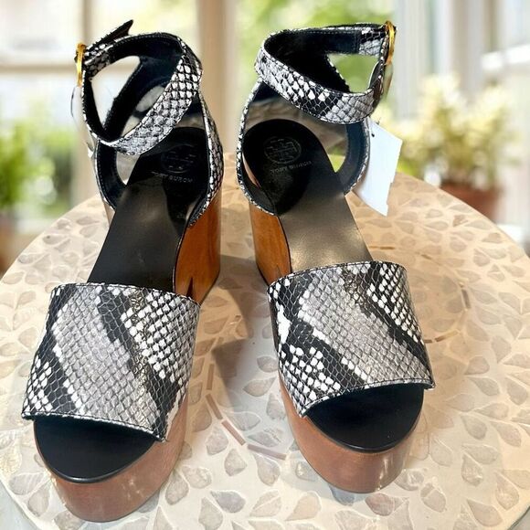 TORY BURCH $425 Camilla Wedge Sandals Women’s 6.5 Snake Print Platform Wood Heel - Picture 14 of 16
